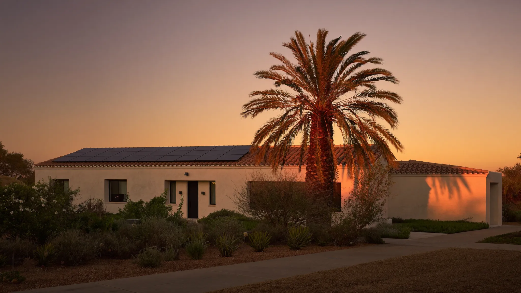 A stucco home with rooftop solar panels and a palm tree at sunset in Southern California